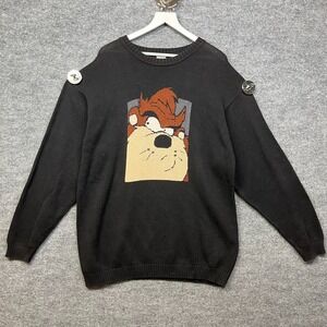 VTG Warner Bros. Taz Sweater Men's Black Knit Graphic Long Sleeve Pullover - XL
